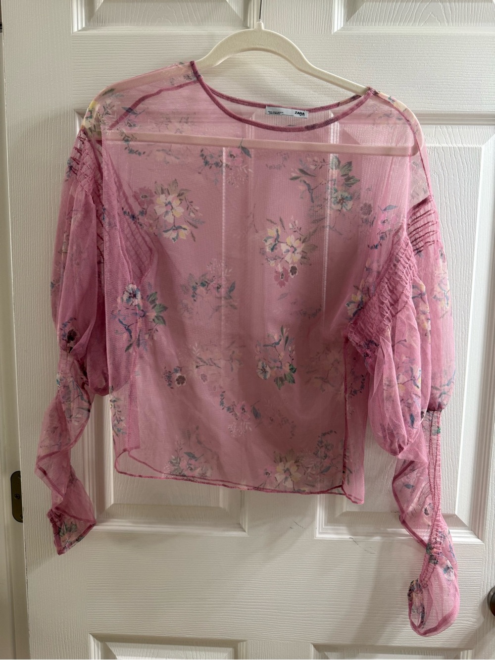 Zara Sheer Pink Floral Long‑Sleeve Blouse